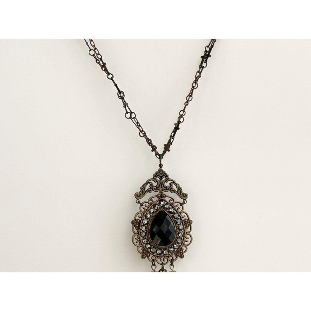 Victorian Inspired Teardrop Shaped Bronzed Faux Filigree Pendant Necklace - 18" - Picture 14 of 14